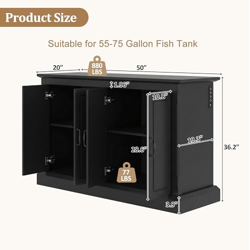 JIJIWANG 55-75 Gallon Fish Tank Stand with Power Outlet, 4-Cabinet Reptile Tank Stand for Turtle Terrarium, Heavy Duty, Black - color: Black, size: 50"L x 20"W x 36.2"H