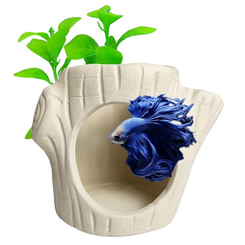 2Pack Aquarium Decor Rock Cave and Plastic Plant Betta Fish Tank Accessories for Fish Shrimp Turtle Crab Hiding Breeding Playing Ceramic Hideout Stone for Fish Bowl