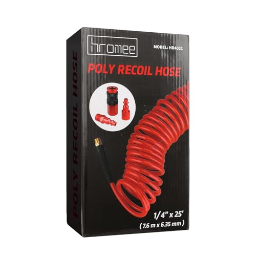 Hromee 1/4 in x 25 ft Polyurethane Recoil Air Hose with Bend Restrictors Compressor Hose with 1/4" Industrial Universal Quick Coupler and I/M Plug Kit, Red - size: 25FT