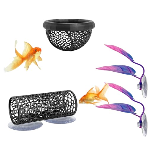 4 Pcs Betta Fish Hammock & Toy Set, Suction Cup Tunnel, Floating Betta Fish Skins, 2 Foliage Pads，Aquarium Hide and Feed Decor for Resting, Hiding & Play Areas.