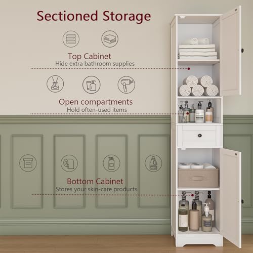 Tall Bathroom Cabinet,Storage Cabinet with 5 Shelves & 1 Drawer, with Adjustable Shelve, for Bathroom, Kitchen, Entryway, Living Room(White) - color: White