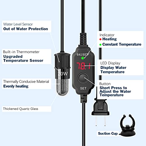 YOFOTHS Adjustable Mini Aquarium Heater 0.5/1/2/3 Gallon Submersible Small Fish Tank Heater 10W/20W/30W Digital Display Thermostat External Temperature Controller(20W) - size: 20W