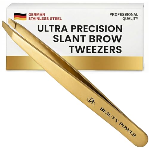 Beauty Power Tweezers for Women Facial Hair: Ultra Precision Tweezers for Women & Men, Sharp Slant Tweezer for Eyebrows, Ingrown Hair Removal. Professional Plucker + Case, German Stainless Steel Gold - color: Gold