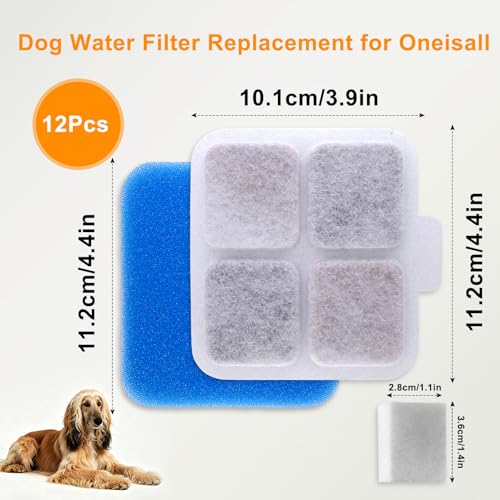 12 Pack Dog Water Fountain Filter Replacement Compatible with Oneisall PW07SAU, Multilayer Filtration,12 Filters and12 Sponges, 10L/2.64Gal