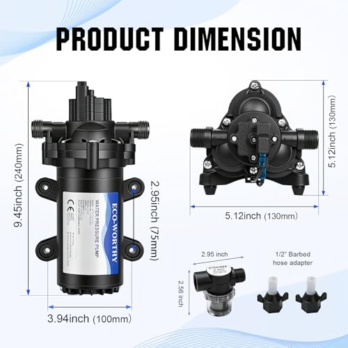 ECO-WORTHY 33-Series Industrial Water Pressure Pump 110V AC 4.0GPM 50PSI RV Fresh Water Diaphragm Pump include Garden Hose Adapters for Irrigation Marine Boat Sprinkler Faucet - size: 4.0GPM-50PSI-110V-Garden Hose Adapters