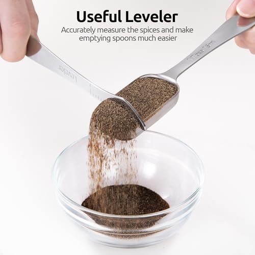 U-Taste Narrow Square Measuring Spoons: 18/8 Stainless Steel Kitchen Measure Teaspoon Tablespoon with Leveler, Polygon Rectangular Metal Jar Scoop for Baking Cooking, Coffee, Spice, Powder (Set of 8) - size: 7 Spoons+1 Leveler