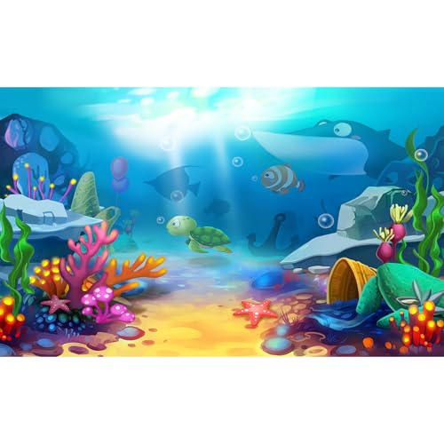 Cartoon Under The Sea Aquarium Background Underwater Coral Reef Aquatic Plants Fish Tank Background Undersea Marine Life Terrarium Backgrounds Ocean Floor Seascape Reptile Tank Backgrounds 24x12in - color: Bright Blue, size: 24(W)x12(H)in