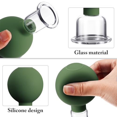 BBTO 4 Pcs Glass Facial Cupping Set Silicone Vacuum Suction Massage Cups Skin Tightening Therapy for Face Body Eyes Back Shoulder Pain(Military Green) - color: Military Green