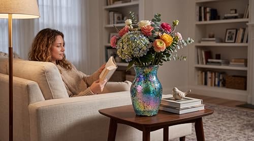 8" Iridescent Crackle Glass Vase, Handmade Deep Teal Green & Violet Mosaic Flower Vase, Dynamic Light-Reactive Art Centerpiece for Home Decor - color: Iridescent Green