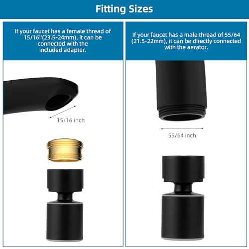 Hibbent NSF/ANSI/CAN 61 Certified Faucet Aerator, CUPC Certification 360° Swivel Kitchen Sink Aerator, 2-Flow Sink Sprayer Attachement, Faucet Replacement Part 55/64 Inch Female Thread - Matte Black - color: Matte Black, style: Classic 360 Degree Faucet A
