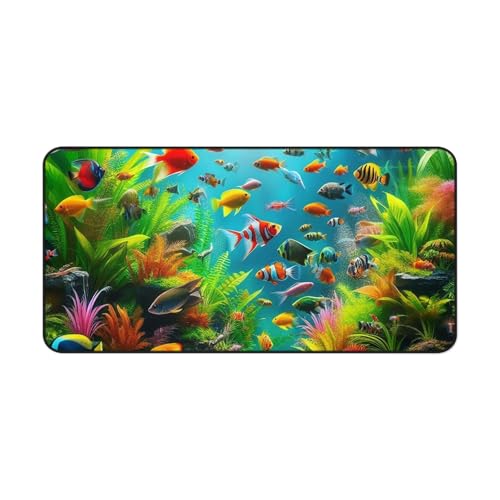 Vibrant Colorful Fish in Aquarium Desk Mat - Premium Smooth Surface with Rubber Base - size: 16" × 32"