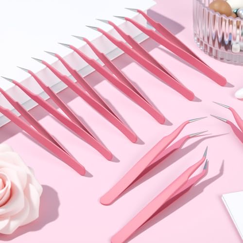 Honoson 9 Pieces Curved Pointed Craft Tweezers Stainless Steel Precision Tweezer with Protective Cover for Rhinestones Dried Flowers Craft Stickers Eyelash Extension Jewelry Making(Pink) - color: Pink