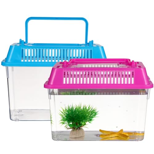 HANABASS Portable Fish Tank Handheld Aquarium with Handle Transparent Plastic Mini Fish Box for Turtle Hamster and Small Pets Compact 5.90X4.33X3.74 Inch Breeding Case Set of 4