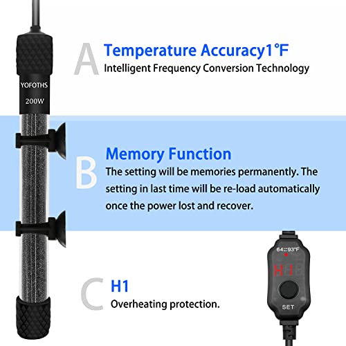 YOFOTHS Adjustable Mini Aquarium Heater 20-40 Gallons Submersible Small Fish Tank Heater 200W Digital Display Thermostat External Temperature Controller (200W) - size: 200W