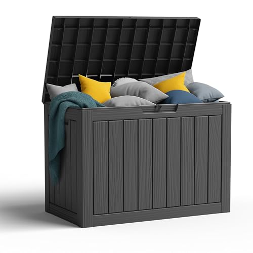 PatioZen 45 Gallon Resin Deck Box, Lockable Patio Outdoor Storage Box for Furniture, Garden Tools and Tools Storage, Waterproof Outside Storage Boxes - Black - color: Black, size: 45 Gallon