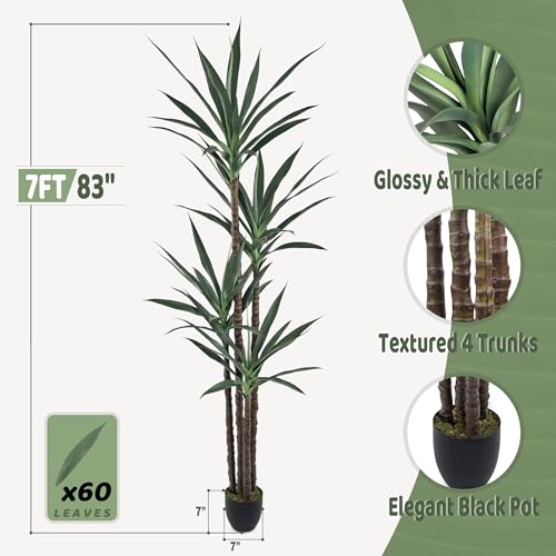 Roselywed Artificial Agave Plant 7FT with 60 Leaves & 4 Trunks & Elegant Black Pot Realistic Tall Large Fake Faux Modern Tree 82 Inch for Indoor Home Office Porch Mall School Decor Housewarming Gift - size: 7ft