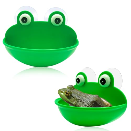Frog Habitat with Suction Cup, 2 Pcs Cute Fish Tank Accessories Frog Dish Holder Frog Decor Frog Terrarium Decor for Tree Frog Toad Tadpole, Plastic, Green