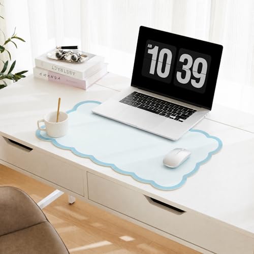 Scalloped Desk Mat, 23.6" x 11.8" Cute Small Aesthetic Desk Accessories, PU Leather Computer Laptop Desk Mouse Keyboard Pad, Desk Writing Mat for Vanity/Work/Home Decor, Blue - color: Blue, size: 23.6" x 11.8"
