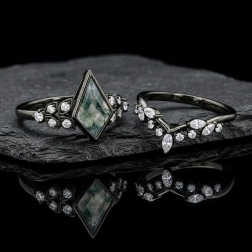 Natural Moss Agate Engagement Ring Set for Women, Unique Genuine Moss Agate Ring, 925 Sterling Silver 10K 14K 18K Solid Gold Nature Inspired Bridal Set, Boho Wedding Jewelry Gift - color: Four