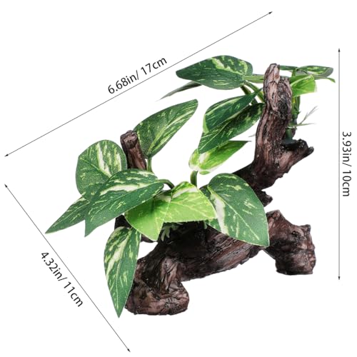 Veemoon Aquarium Driftwood Resin Decor with Cloth Leaf Plants and Driftwood Cave Realistic Fish Tank Landscape Ornament for Freshwater and Saltwater Aquatic Pets 6.69 X 4.33 X 3.93 Inch