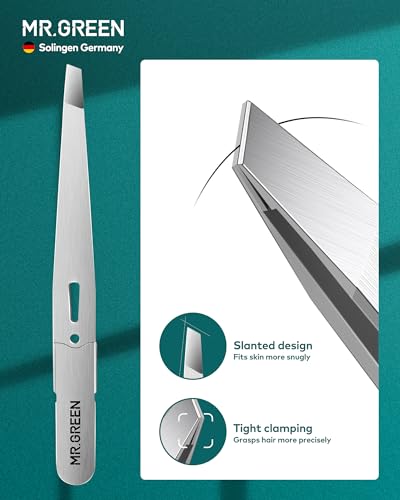 MR.GREEN Tweezers,Professional Precision Eyebrow Tweezers for Women and Men, Tweezers for Facial Hair Women, Stainless Steel Slanted Hair Removal Tweezers, Eyebrow Plucker, Ingrown hair tweezers - color: Sliver