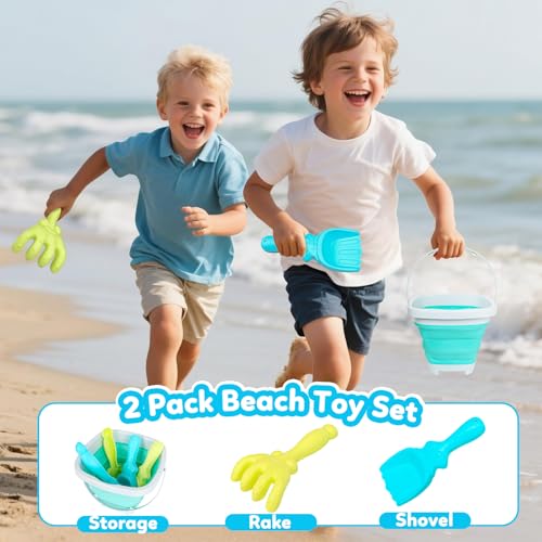 GKDOMS Kids Beach Toys Set with Collapsible Bucket, Sand Rake and Shovel, Turquoise and Orange, Ages 2-6, 2pack Travel Toys (Two Mix) - color: Two Mix