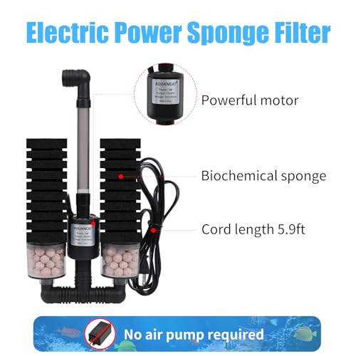 AQUANEAT Aquarium Electric Sponge Filter for Fish Tank, with Pump, with 2 Extra Sponges, Middle up to 40Gal - size: Middle