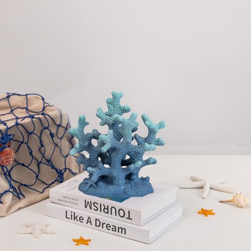7.1" H Blue Coral Decor, Resin Coral Statue, Nautical Decorations for Home, Bedroom, Bathroom, Living Room, Beach/Coastal/Ocean Themed Cabinet Shelf Tabletop Decor - color: Blue, size: 7.1"H