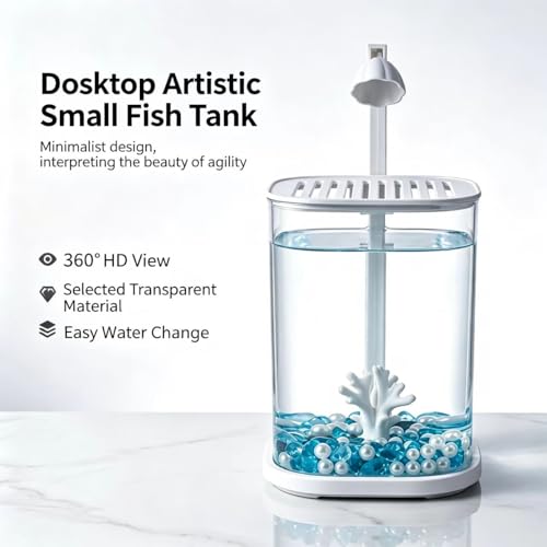 Portable Fish Tank, Small Fish Tank, 0.45 Gallon Fighting Fish Tank, Suitable for Office, Home and Travel Fish Tanks, Including Pearl Coral Decoration, Equipped with LED Lights and USB Plug