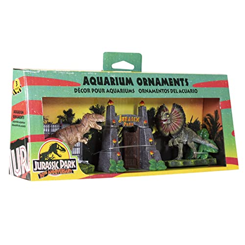 Penn-Plax Jurassic Park Officially Licensed 3-Piece Aquarium Ornament Bundle – Includes T-Rex Park Gate, and Dilophosaurus Decorations – Small - style: 3 piece Bundle