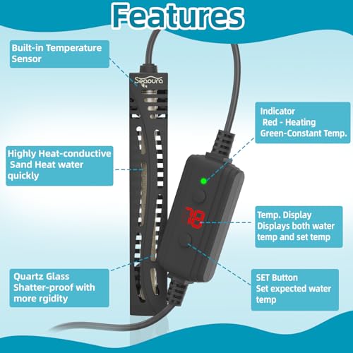 SEAOURA Small Aquarium Heater, 50W Mini Fish Tank Heater, Adjustable Submersible Aquarium Heater with External Digital Controller for Turtle, Betta, Freshwater, Saltwater, 5-15 Gallon - size: ≤ 15 Gal Tank