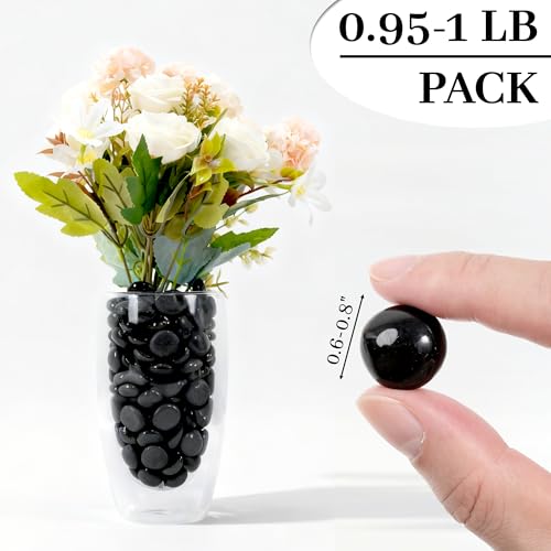 Black Flat Glass Marbles, 0.97 lb Vase Filler Pebbles Gems, Decorative Glass Beads for Vases, Crafts, Floral, Mancala Stones, Aquarium Rocks for Fish Tank, 0.6"-0.8" (Approx. 80-100 PCS) - color: Black
