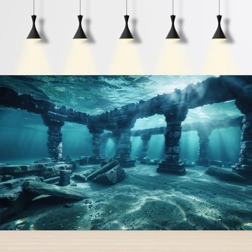 Under The Sea Aquarium Background Deep Sea Ancient Marine Ruins Fish Tank Background Underwater Enigmatic Ocean Submerged Structures Terrarium Backgrounds Sea Waves Reptile Tank Backgrounds 48x20in - color: Blue, size: 48(W)x20(H)in