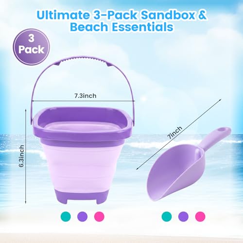 Shindel 3 PCS Collapsible Bucket Set, Foldable Beach Buckets with Shovels, Travel Sand Toys for Kids Outdoor, Beach Vacation Essentials, Camping Traveling, Fun Summer Activities