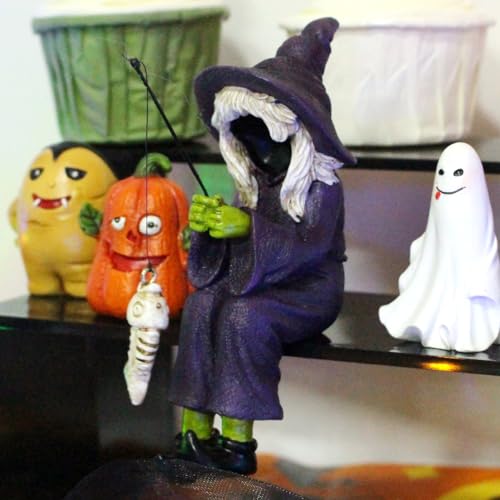 Witch Fishing Decor - Halloween Shelf Sitter Statue, Aquarium and Garden Pond Edge Ornament, Resin Gothic Figure for Water Tank Rim, Witch Hat Halloween Decorations - color: Fishing Witch