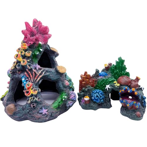 Tfwadmx Aquarium Coral Decoration Resin Fish Tank Hiding Mountain Cave Betta Hideaway House Rock Reef Ornament, 2 Pack.