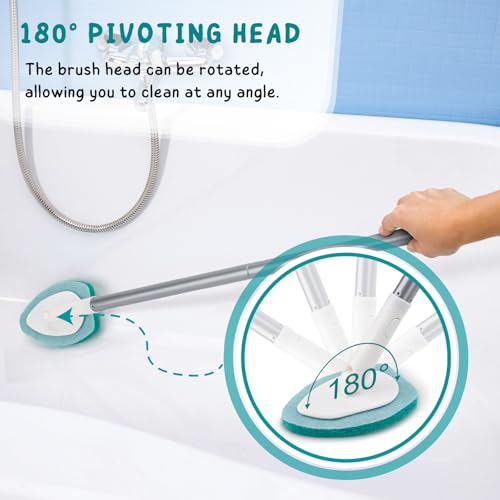 Shower Scrubber with Long Handle, 47'' Bathtub Scrub Brush, Bathroom Tub and Tile Cleaning Tool with 6 Refill Pads - color: Green, size: Scrubber with Long handle