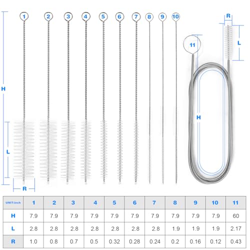 Ixiaoyoo Cleaning Brushes Set, 10 Pieces 8 Inch Nylon Tube Brush + 60 Inch Flexible Long Drain Brush, Hose Pipe Brush, Suitable for Home Kitchen, Bathroom, Fish Tank, Water Pump Accessories (White) - color: White Cleaning Brush Set