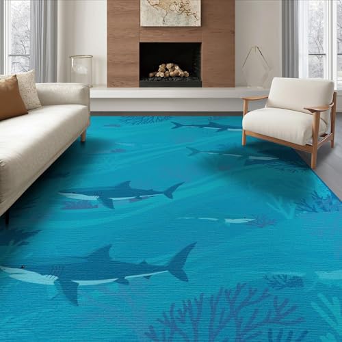 6'x9' Washable Contemporary Fish Area Rug, White Non-Shedding Pet Friendly Room Rug for Queen Size Bedroom, Under Bed, Master Suite, Foldable Easy Care Carpet | Ref:2068649 - color: Blue/Pattern 13, size: 6' x 9' (Rectangular)