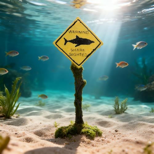 Shark Warning Aquarium Decoration – Resin Shark Zone Sign with Weighted Base for Fish Tanks, Betta Aquariums, Ocean & Marine Theme Tank Decor