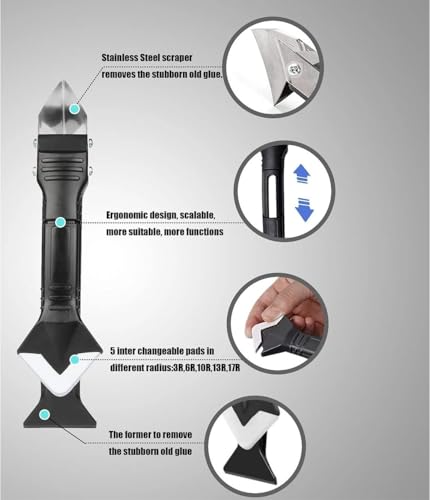 Silicone Caulking Tool 3 in 1, Glass Glue Angle Scraper, Stainless Steelhead Caulk Remover and Sealant Scraper, for Kitchen Bathroom Window and Frames Sealant Seals - style: Classic Black