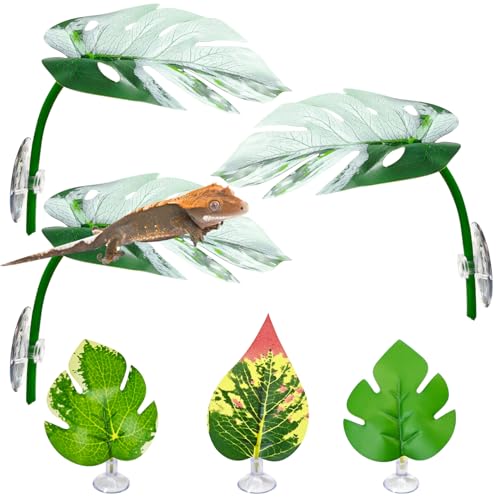 BNOSDM 6 Pcs Crested Gecko Tank Accessories Frog Habitat Platform with Suction Cups Amphibian Plastic Leaf Decoration Reptile Basking Resting Spot for Turtles Lizards (White)