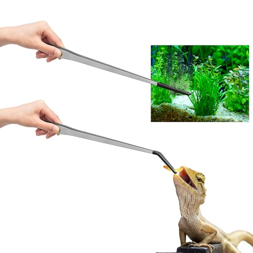 Lasnten 2 Pcs Extra Long Stainless Steel Reptile Feeding Tongs with Rubber Tip 18.5 Inch, 18.9 Inch Bearded Dragon Aquarium Straight and Curved Long Tweezer Terrarium Feeder Tool for Tank(Silver) - color: Silver, size: 18.5 Inch, 18.9 Inch
