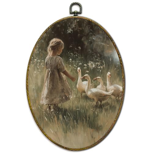 XFCICRLJ Vintage Farmhouse Wall Art Decor, Rustic Cottagecore Oval Canvas Prints Framed, Countryside Goose with Farm Girl Wall Art Decorations for Home Bedroom Living Room Decor, 11x8.5 Inch - color: Swan02