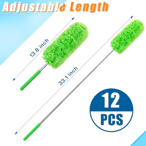 Tanlade 12 Pcs Microfiber Feather Duster for Cleaning 13-31 Inch Extendable Cobweb Dusters Ceiling Fan Duster Washable Bendable Tool for Office Car Window Furniture (Green) - color: Green