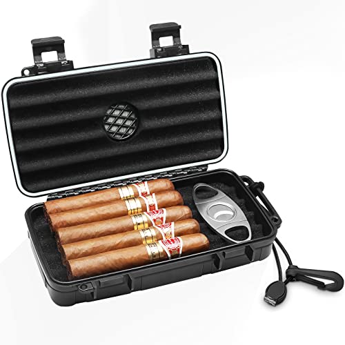 Flauno Travel Cigar Humidor Case - Portable Cigar Box with Humidifier Disc & Cigar Cutter | Waterproof | Crushproof | Airtight | Durable (Holds up to 5 Cigars) - size: Holds up to 5 Cigars