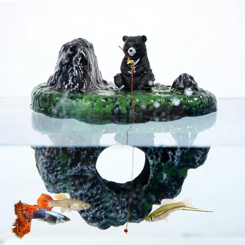 Aquarium Floating Island Decoration with Interactive Fish Feeding Hook, Floating Betta Hide and Shrimp Cave, Aquarium Decor with Hideout Tunnel, Betta Fish Hammock