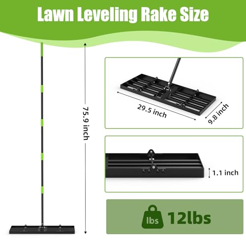 GARDTECH 30×10 Anti-Flip Lawn Leveling Rake,76” Adjustable Handle | Heavy Duty Stainless Steel,2mm Plate, for Topdressing, Sandbox, Garden Beds, Lawn Repair,Dog Spots