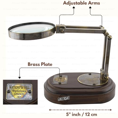Handmade Magnifying Glass, Wooden Stand, Adjustable Arms, Vintage Style Magnifier, Reading Coin & Stamp, Astrologer, Collectible Table Office Home Décorative Gifts for Collectors