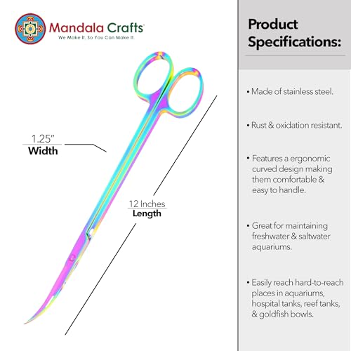 Mandala Crafts 12 Inches Rainbow Stainless Steel Curved Aquarium Scissors for Trimming Aquatic Plants – Bent Aquascape Scissors for Fish Tanks, Hospital Tanks, Goldfish Bowls, and Terrariums - color: Rainbow Curved Scissors, size: 12 Inches